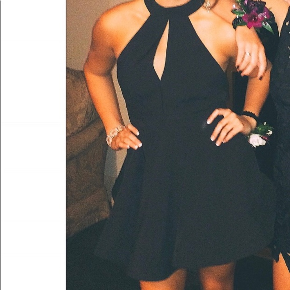 Black halter dress with open back